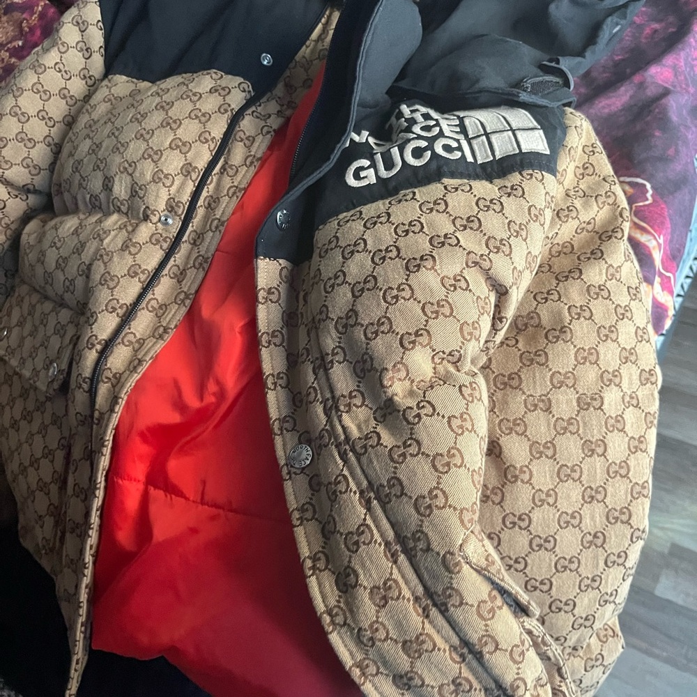 Gucci Tan and Red Logo Puffer Jacket